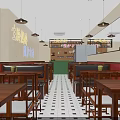 Traditional Restaurant Interior With Wooden Tables Red Booths White Tiled Floor Mirrors And Pendant Lights