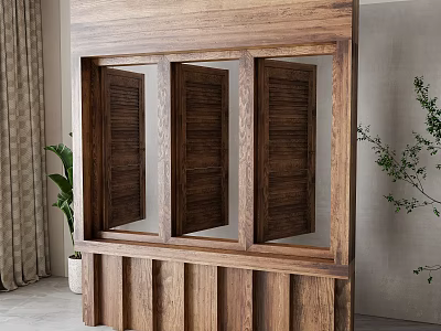 Wooden Three Panel Casement Window Interior With Natural Wooden Frame And Indoor Plant 3d model