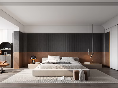 Modern Minimalist Bedroom Interior With Dark Textured Wall Beige Bed And Hanging Lamps 3d model