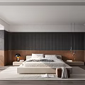 Modern Minimalist Bedroom Interior With Dark Textured Wall Beige Bed And Hanging Lamps