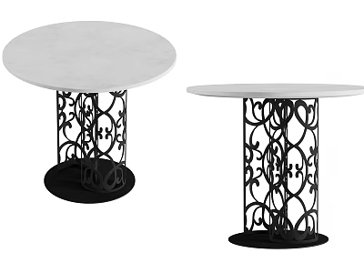 Round Coffee Table with White Tabletop and Black Ornate Iron Base Design 3d model