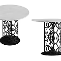 Round Coffee Table with White Tabletop and Black Ornate Iron Base Design 3d model