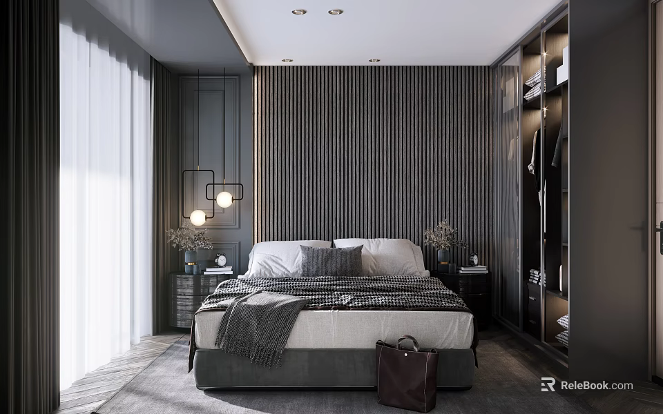 Modern Bedroom Interior With Striped Walls Bedside Lamps Wardrobe And Soft Rug 3d model 