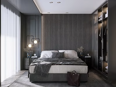 Modern Bedroom Interior With Striped Walls Bedside Lamps Wardrobe And Soft Rug 3d model