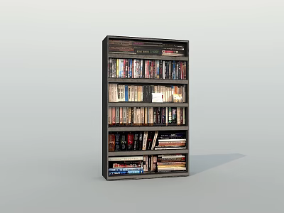 Modern Dark Wood Bookshelf With Multiple Shelves Filled With Various Books 3d model