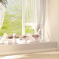Bonsai Potted Plants on Window Sill with White Pots Pink Flowers and Small Animal Figurines