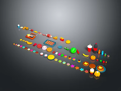 Colorful Assorted Food Display With Fruits Desserts Snacks Drinks And Candies 3d model