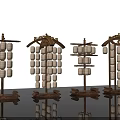 Traditional Decorative Art Installation With Hanging Lantern Frames And Golden Structures 3d model
