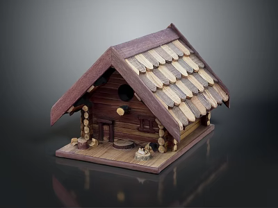 Handmade Wooden Birdhouse Model Featuring Shingle Roof Entrance Base And Decorative Logs 3d model