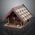 Handmade Wooden Birdhouse Model Featuring Shingle Roof Entrance Base And Decorative Logs