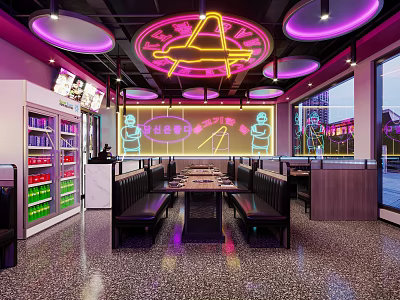 Vibrant Restaurant With Neon Lights Purple Ceiling Lighting Booth Seating And Beverage Coolers 3d model