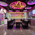 Vibrant Restaurant With Neon Lights Purple Ceiling Lighting Booth Seating And Beverage Coolers