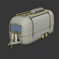 Vintage Silver Travel Trailer With Metal Exterior Window Wheels And Support Stand