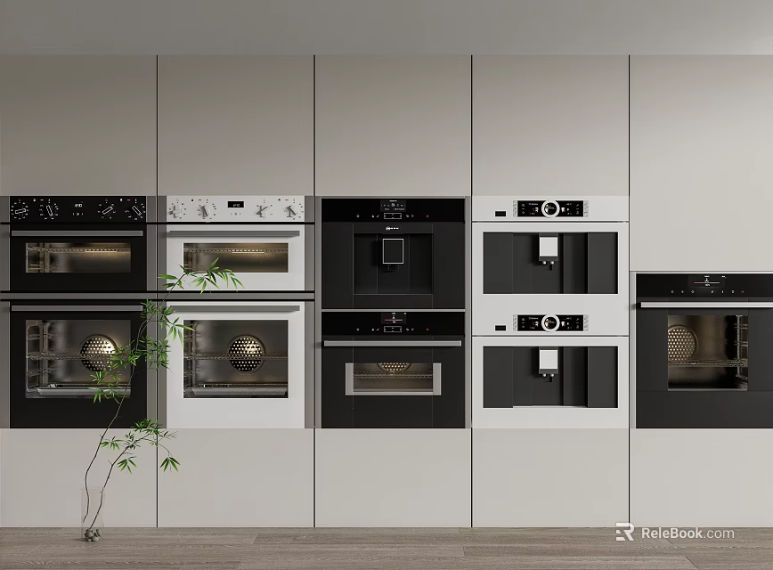 Modern Built-in Kitchen Appliances With Multiple Stainless Steel Ovens In Cabinets 3d model 