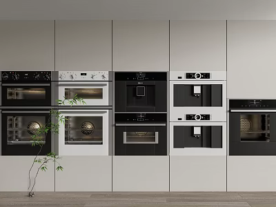 Modern Built-in Kitchen Appliances With Multiple Stainless Steel Ovens In Cabinets 3d model