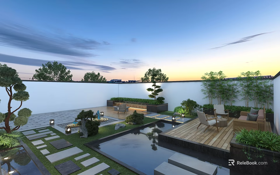 Modern Garden Landscape With Reflective Water Pool Wooden Deck Lush Plants And Ambient Lighting 3d model 