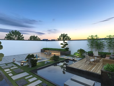 Modern Garden Landscape With Reflective Water Pool Wooden Deck Lush Plants And Ambient Lighting 3d model
