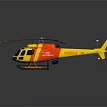 Yellow and Red Helicopter with Black Rotor Blades and Orange Floats on Gray Background
