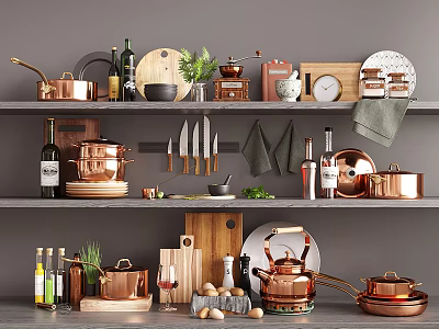 Stylish Kitchenware Display With Copper Pots Knives Cutting Boards Plates And Green Herbs On Shelves 3d model