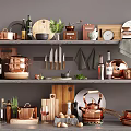 Stylish Kitchenware Display With Copper Pots Knives Cutting Boards Plates And Green Herbs On Shelves