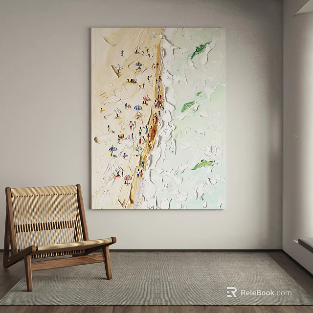 Abstract Painting With Textured Surface And Light Green Elements In Modern Interior With Wooden Chair 3d model 