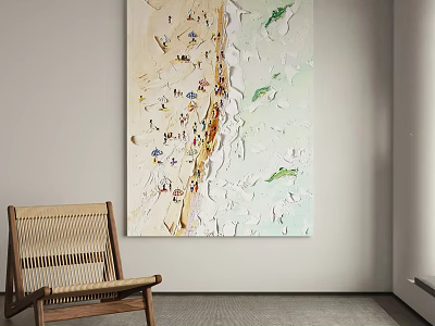 Abstract Painting With Textured Surface And Light Green Elements In Modern Interior With Wooden Chair 3d model