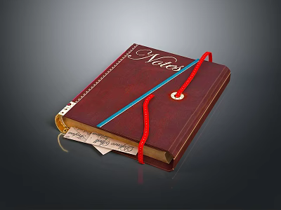 Brown Leather Notebook Computer With Notes Cover Red Blue Straps And Exposed Paper Sheets 3d model