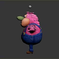 Cartoonish Game Movie Character With Pink Body Blue Overalls Antennae Green Nose And Outstretched Arms