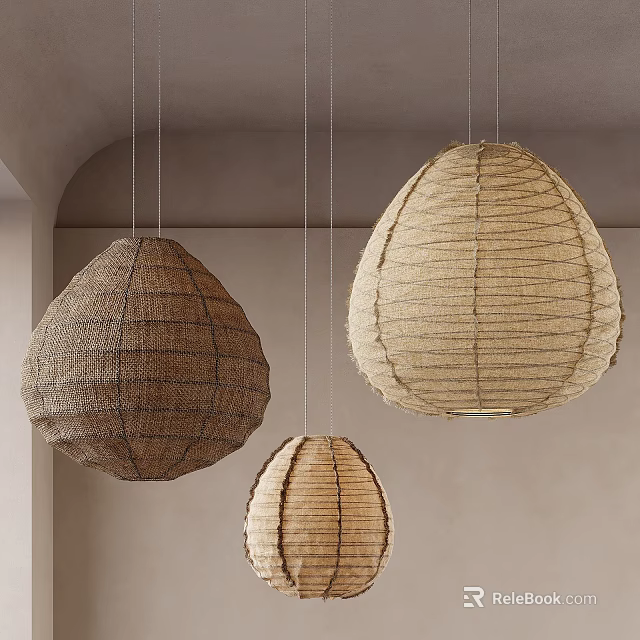 Three Teardrop Shaped Natural Woven Rattan Pendant Lights Hanging In Interior Space 3d model 