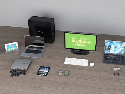 Desktop Computer Setup With Tower Monitor Laptops Keyboard Mouse And Tablet On Wooden Desk 3d model