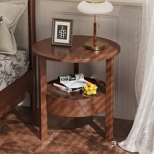 Wooden Round Bedside Table With Photo Frame Table Lamp Books And Fruits On Storage Shelf 3d model 