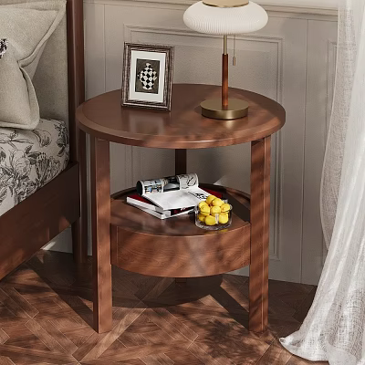 Wooden Round Bedside Table With Photo Frame Table Lamp Books And Fruits On Storage Shelf 3d model