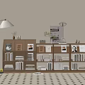 Wooden Bookcase with Multiple Shelves Books Photos Floor Lamp and Potted Plant in Living Room