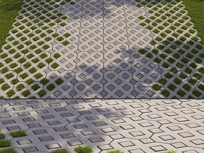 Outdoor Patio Pathway With Geometric Pattern Floor Tiles And Grass Surroundings 3d model