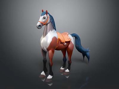 Cartoon Horse Figure With Brown White Body Blue Mane Tail And Saddle Bridle 3d model