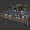 Two Story Traditional Stilt House With Thatched Roof Wooden Structure And Balcony
