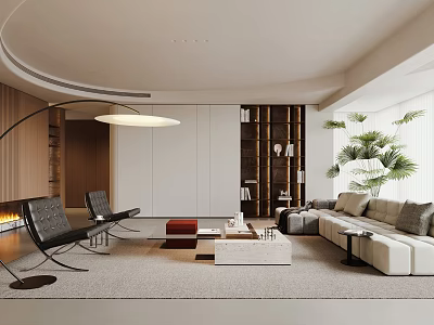 Modern Living Room Interior Design With Beige Sofa Curved Floor Lamp And Green Plant 3d model