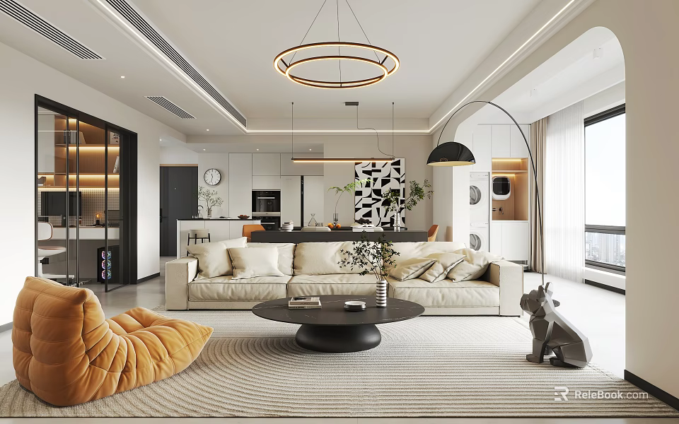 Modern Living Dining Room With Beige Sofa Coffee Table Round Chandelier And Decorative Rug 3d model 