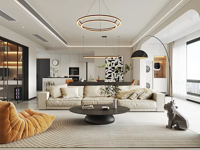 Modern Living Dining Room With Beige Sofa Coffee Table Round Chandelier And Decorative Rug 3d model