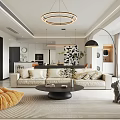 Modern Living Dining Room With Beige Sofa Coffee Table Round Chandelier And Decorative Rug