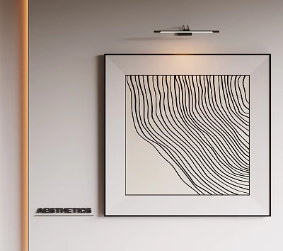 Modern Abstract Oil Painting With Black White Wavy Lines Framed Hanging On Wall 3d model