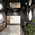 Modern Leisure Area Design With Marble Wall Wooden Slat Wall Green Plant And Wooden Furniture