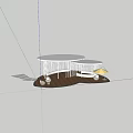 Modern Pergola Design With Curved White Frame Wooden Deck And Hanging Decorations