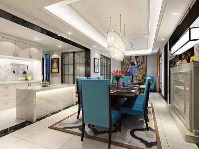 Elegant Restaurant Interior With Blue Chairs Marble Dining Table And Crystal Chandelier 3d model
