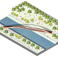 Modern Arched Landscape Bridge With Glass Structure Over Green Grass And Water Under Blue Sky