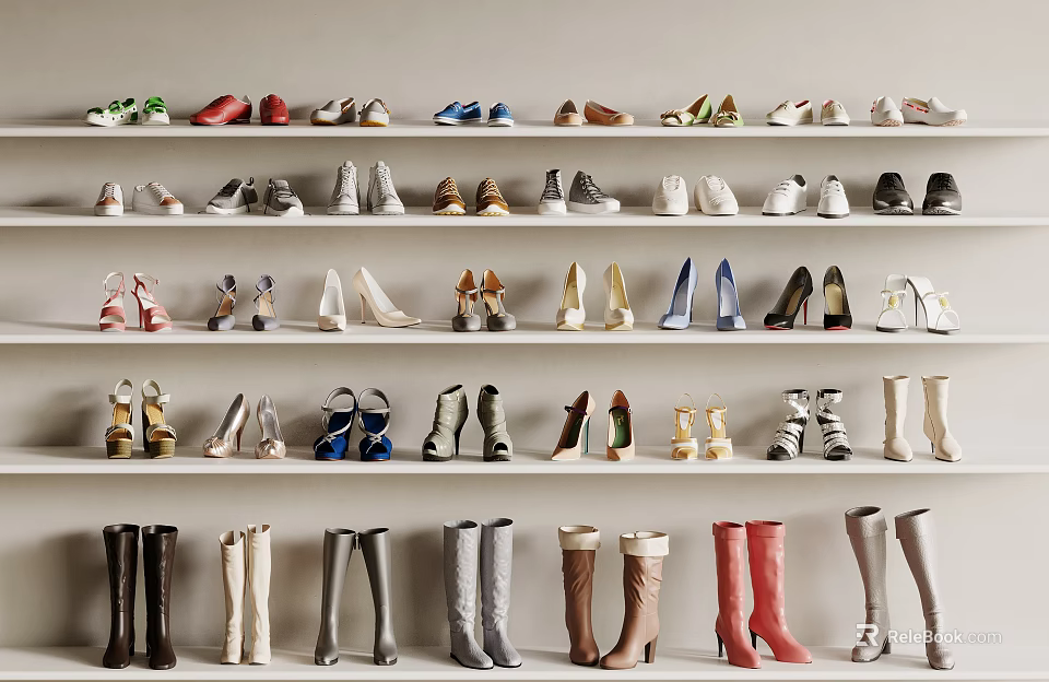 Various Styles of Shoes Including High Heels Boots and Sneakers Neatly Arranged on Shelves 3d model 