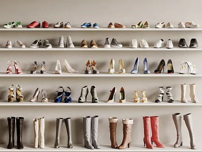 Various Styles of Shoes Including High Heels Boots and Sneakers Neatly Arranged on Shelves 3d model