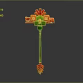 Vibrant 3D Modeled Weapon With Long Green Handle Red Decorative Head And Orange Bottom Accents