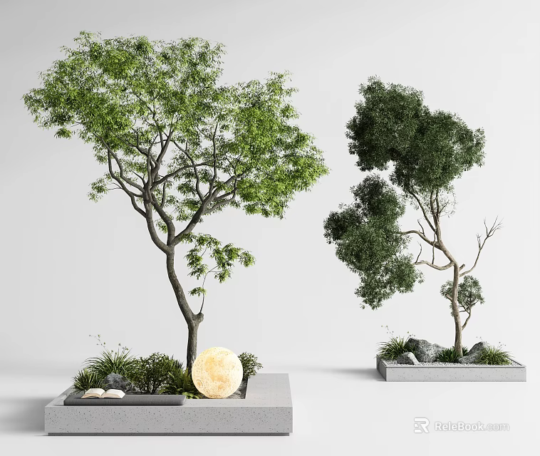 Lush Tall Arbor Potted on Platform with Moon Stones and Green Grass Decoration 3d model 
