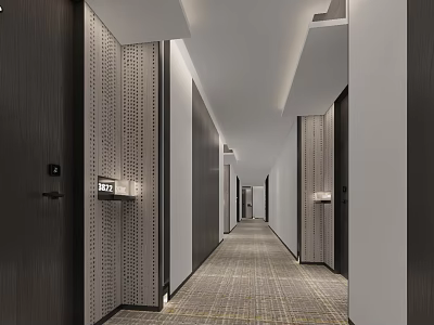 Hotel Corridor with Dark Wooden Doors Perforated Decorative Wall Panels Recessed Lighting and Carpeted Floor 3d model